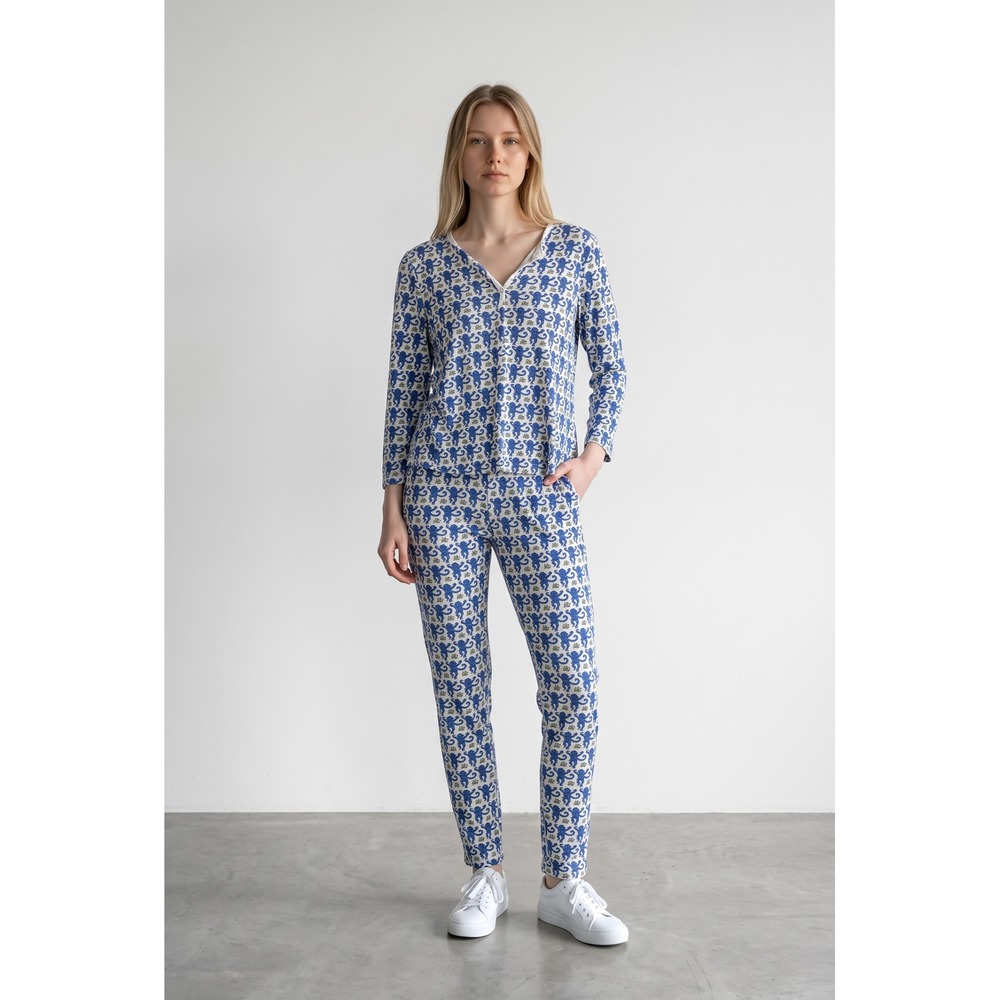 Roller Rabbit Blue Monkey Print pajamas Loungewear Set Womens Large $138